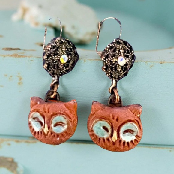 Handmade Owl earrings with rhinestones  Handcrafted NWT - Picture 10 of 10
